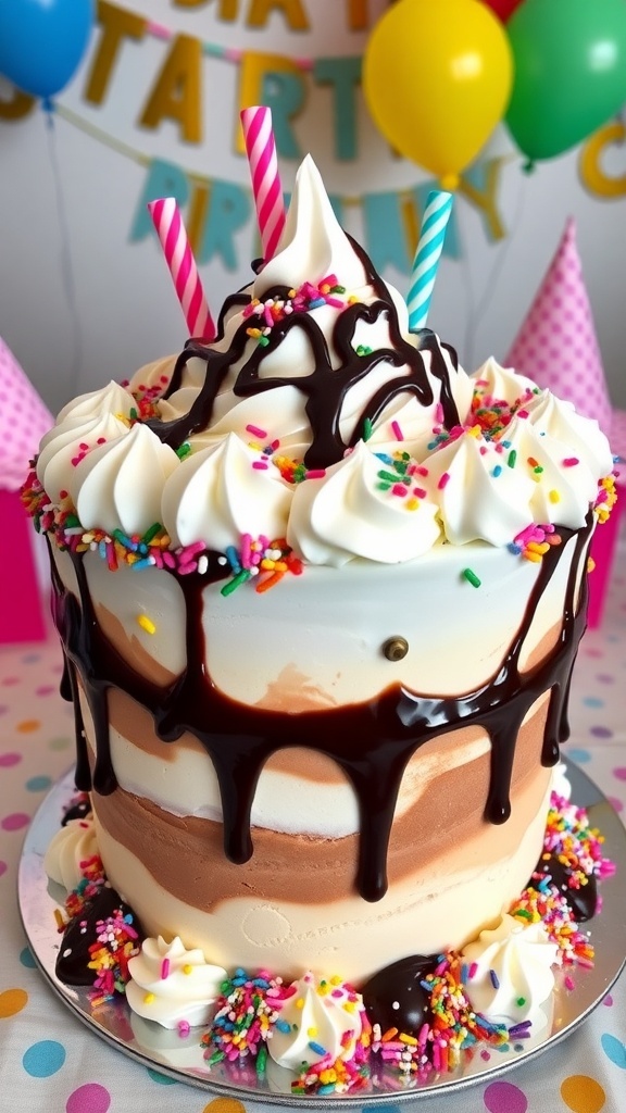 A vibrant ice cream cake with layers of chocolate and vanilla ice cream, topped with whipped cream and sprinkles, ready for a birthday celebration.